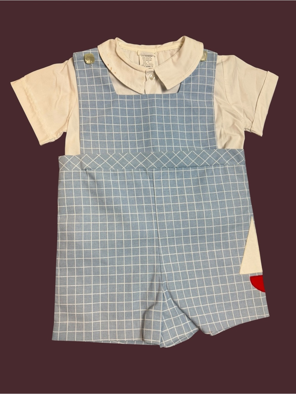 Vintage Nannett Light Blue Check Sailboat Shortalls Overalls Jumper